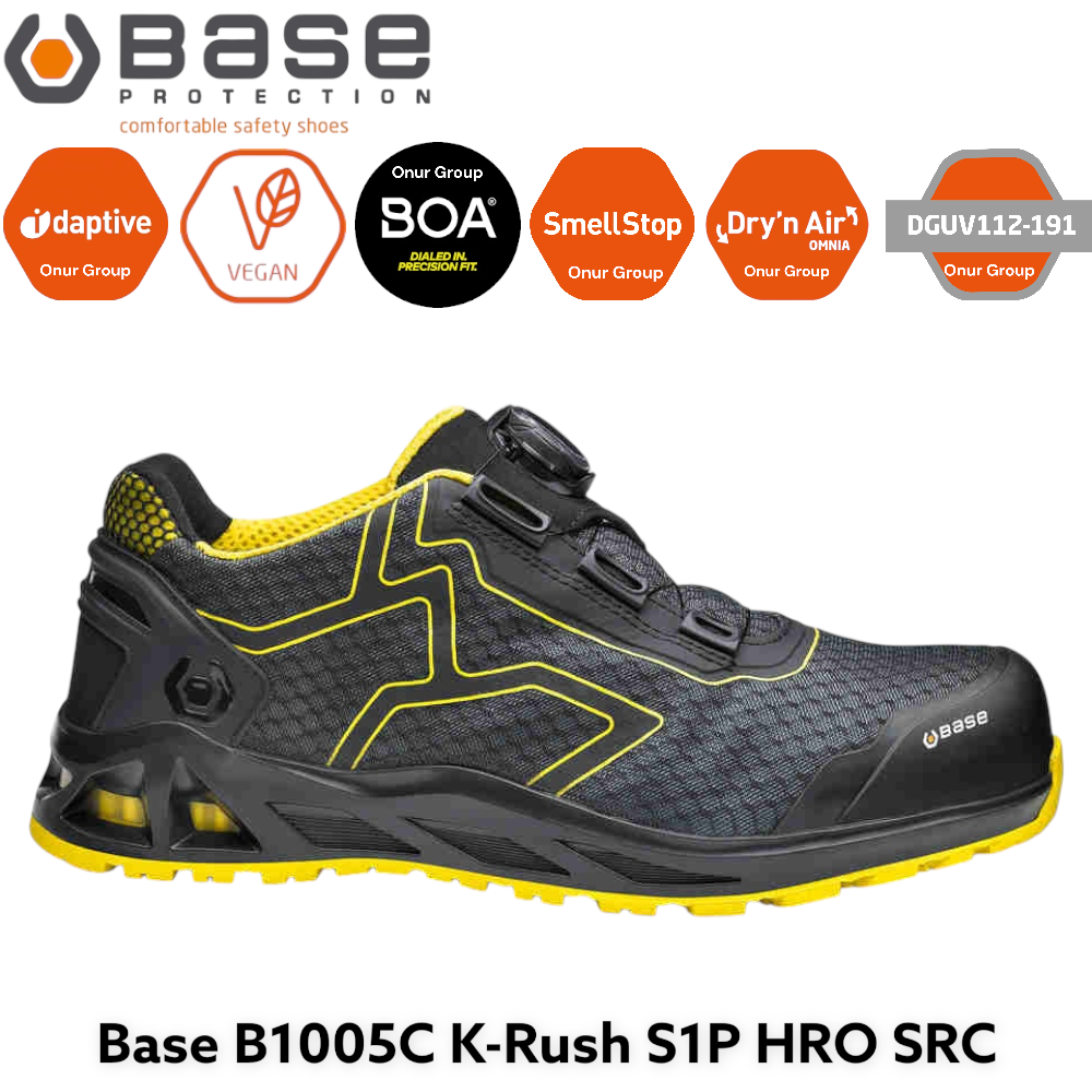 Base B1005C K-Rush S1P HRO SRC İtalyan İş Güvenliği Ayakkabısı Kaptiv serisinin BOA teknolojisini uyguladığı Base B1005C K-Rush S1P HRO SRC iş ayakkabısı modelidir. Base B1005C K-Rush modeli spor ayakkabının esnekliğini aratmayacak kadar rahat ve esnek tasarlanmıştır. Base B1005C K-Rush modelinin üst kısmı  transparan kumaştan yapıldığı için nefes alma özelliğine sahiptir.