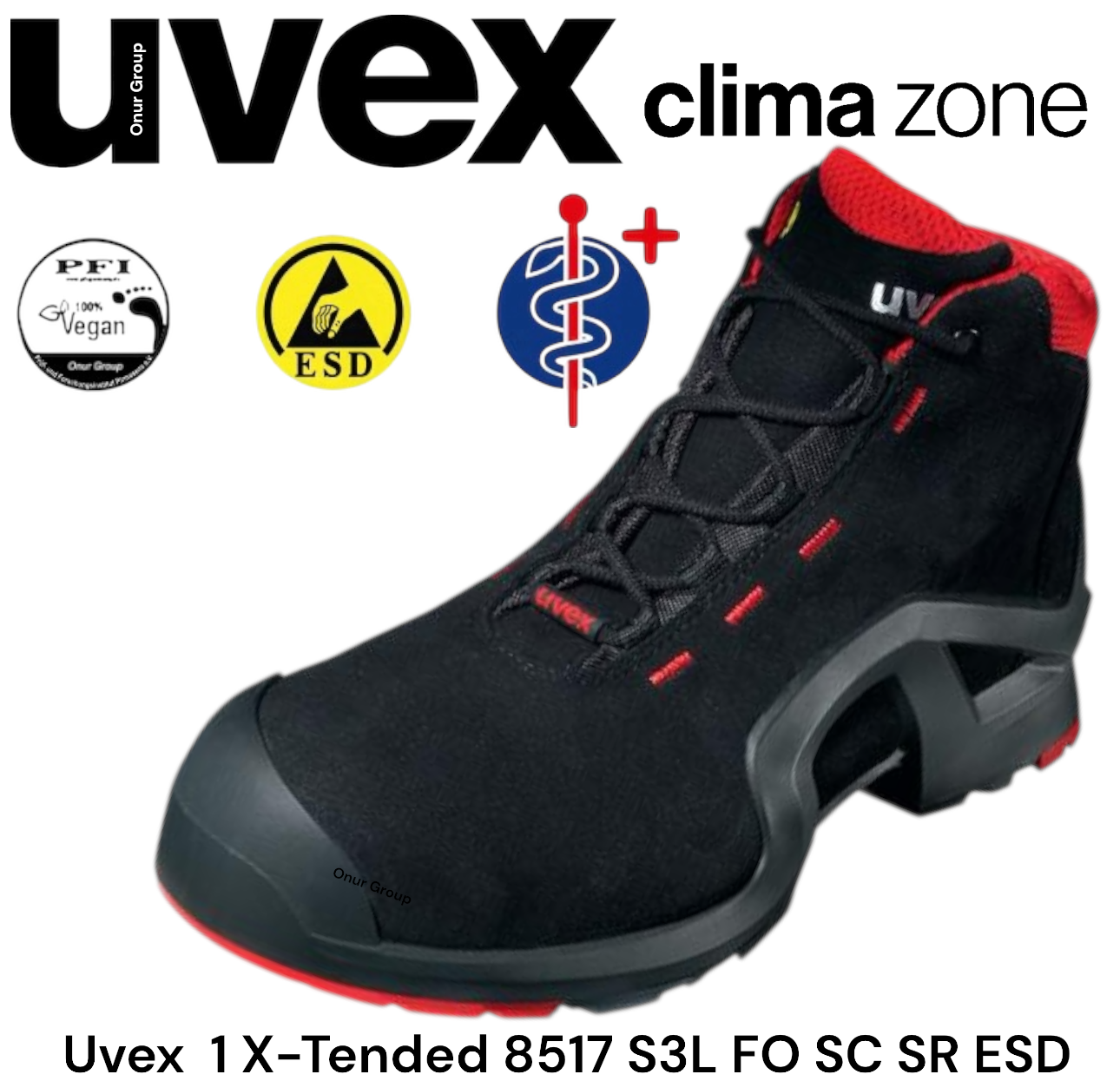 Uvex 8517 X-Tended S3L FO SC SR ESD  çok hafif, çok amaçlı S3L koruyucu Botu sentetik malzemelerden üretilmesi sayesinde krom alerjisi olanlar için uygundur. Tüm taban malzemeleri silikon, plastikleştirici ve boyanın ıslatıcılığını azaltan diğer maddeleri içermeyen cinstendir. ortopedik uyarlamalara ve uvex medicare + iç tabanlarına uygundur Uvex 8517 X-Tended S3L FO SC SR ESD  iş ayakkabısı EN ISO 20345:2011'e göre S3L koruma sınıfındadır ve mükemmel kayma direncine sahip olduğunu belirten ek işaret taşır (FO) 35 megaohm'un altındaki kaçak direnciyle ESD gerekliliklerini karşılar %100 metal içermeyen uvex xenova® burun koruması; kompakt, anatomik biçimli, ısıyı iletmeyen ve iyi yanal yapısal kararlılığa sahip tasarım mükemmel kayma dirençli, çift yoğunluklu poliüretandan üretilmiş, ergonomik tasarımlı dış taban Uvex 8517 X-Tended S3L FO SC SR ESD  iş botu yeni geliştirilen kalıp ve iklim optimizasyonlu, hava alabilen malzemeler sayesinde üstün kullanıcı konforu baskı noktalarını ortadan kaldırmak için yüksek teknoloji mikro velur malzemeden üretilmiştir.