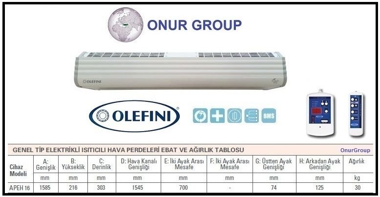 Olefini APEH-16 Genel Tip Isıtıcılı Hava Perdesi 160 cm