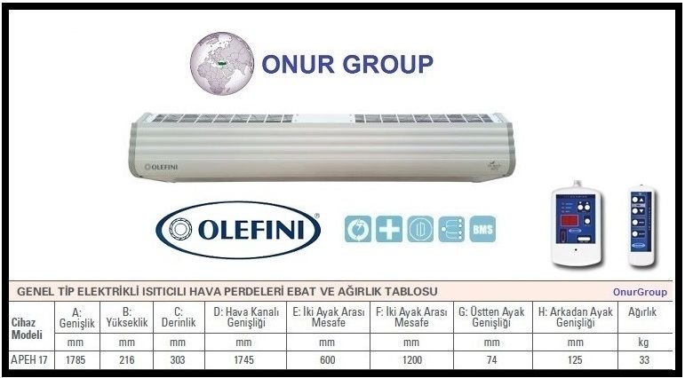 Olefini Apeh 17 Genel Tip Isıtıcılı Hava Perdesi 180 cm