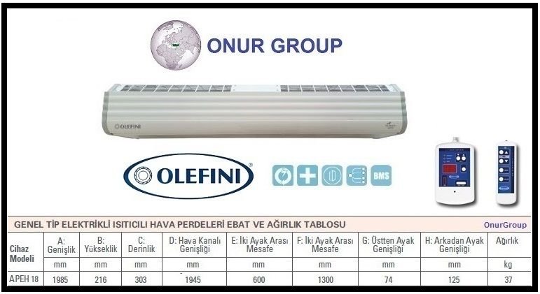 Olefini APEH-18 Genel Tip Isıtıcılı Hava Perdesi 200 cm