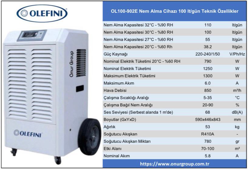 Olefini OL100-902E Portatif Tip Nem Alma Cihazı 100 Litre / Gün Kapasiteli