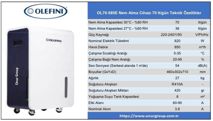 Olefini OL70-585E Portatif Ticari Tip Nem Alma Cihazı 70 Litre / Gün Kapasiteli