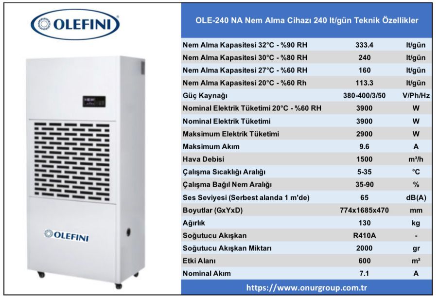 Olefini OLE-240NA Portatif Tip Nem Alma Cihazı 240 Litre / Gün Kapasiteli
