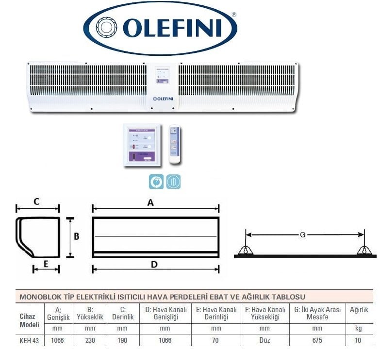 Olefini KEH-43 Monoblok Tip Isıtıcılı Hava Perdesi 100 cm