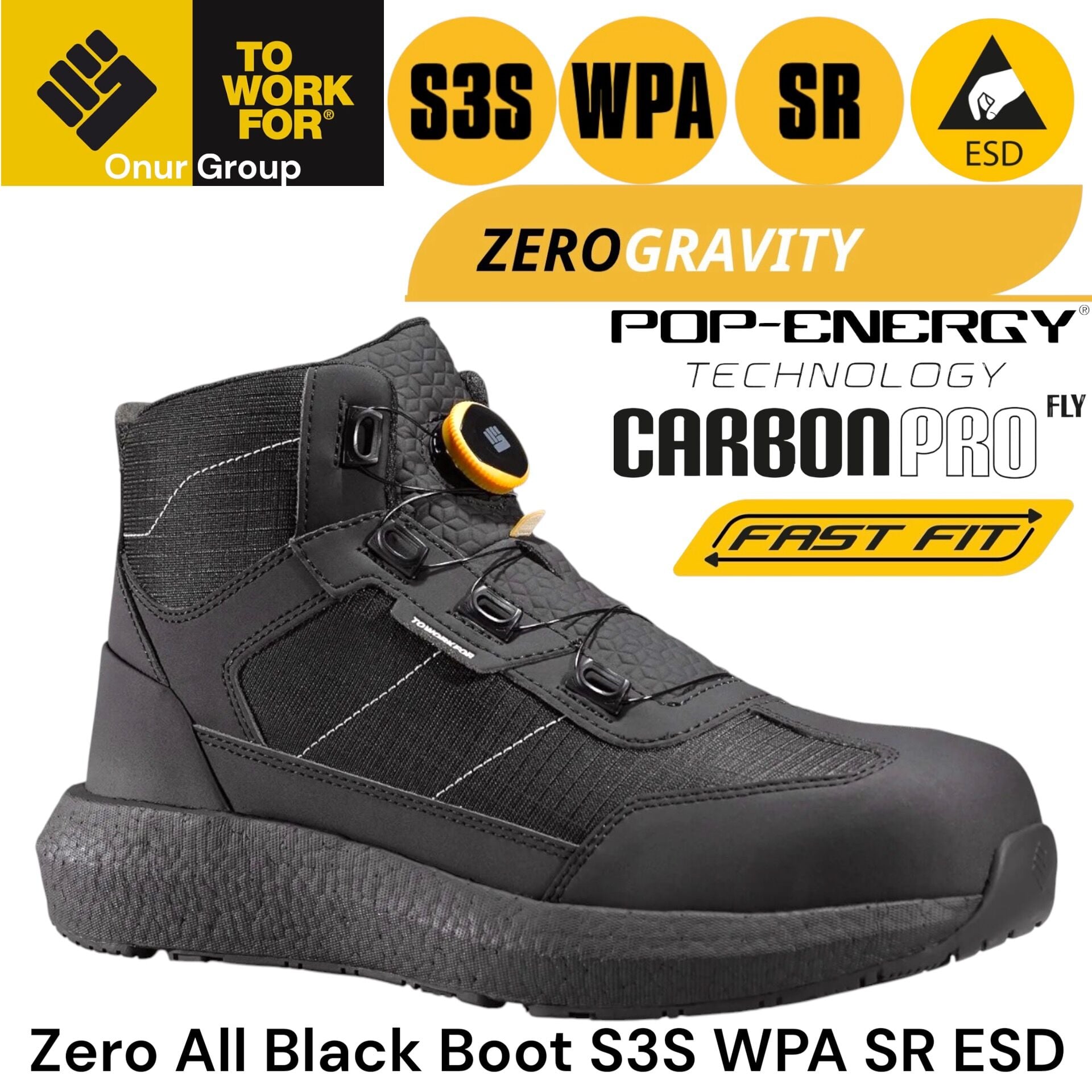 Toworkfor Zero All Black Boot Fast Fit | S3S | WPA | SR | ESD
